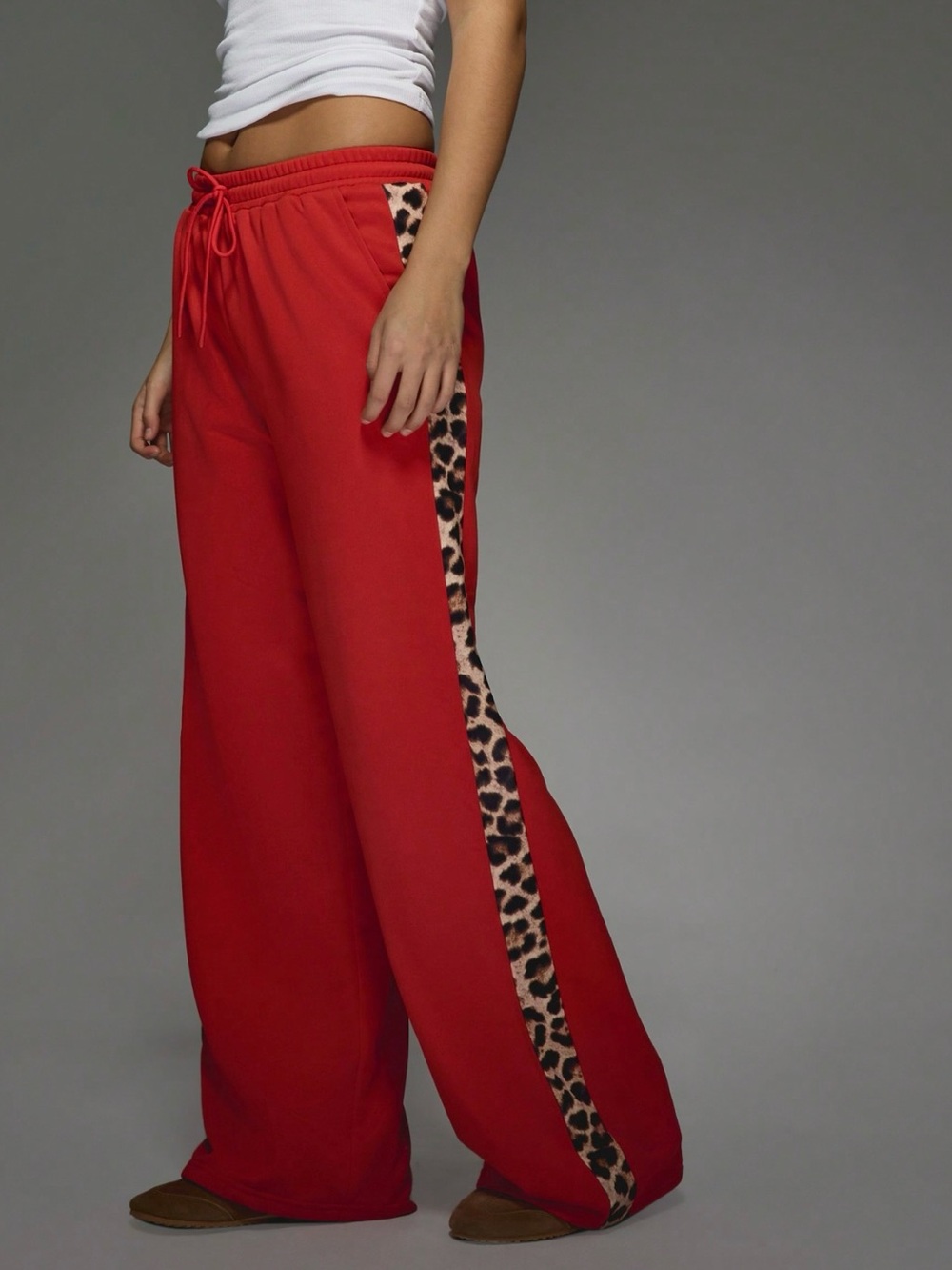 Missguided + Red Wide Leg Track Pants with Leopard Side Panel